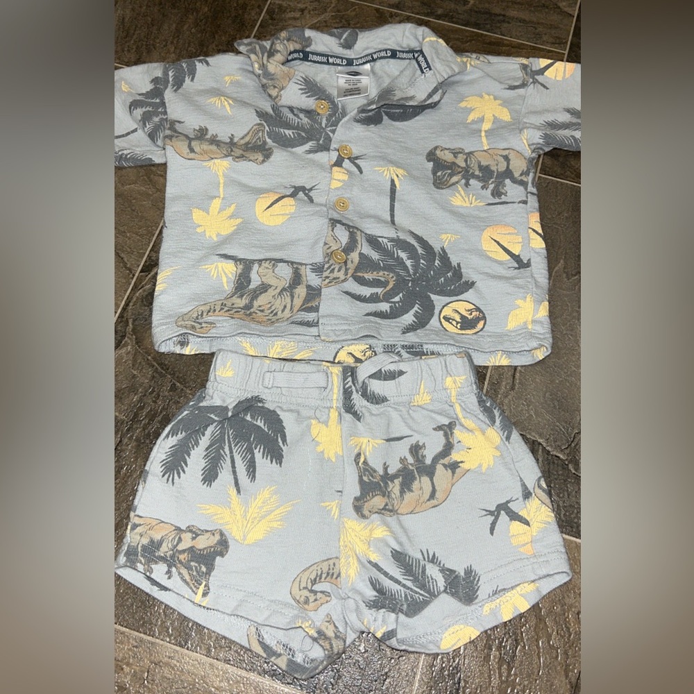Jurassic World Dinosaur Print Kids Pajama Set - Gray and Yellow